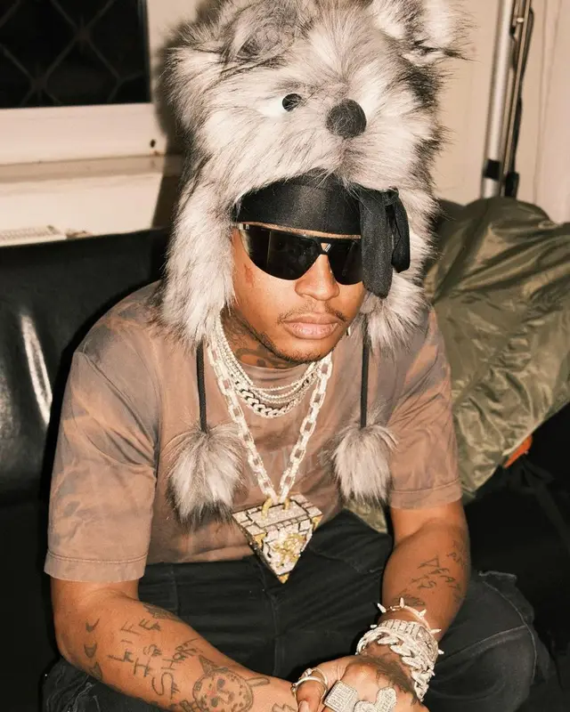 Ski Mask The Slump God outfit in F.M.C.D, Saint Laurent, and Louis Vuitton, 2023