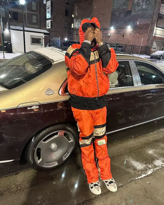 Tee Grizzley outfit in EugeneD2R, Hanes, and Rick Owens, 2023