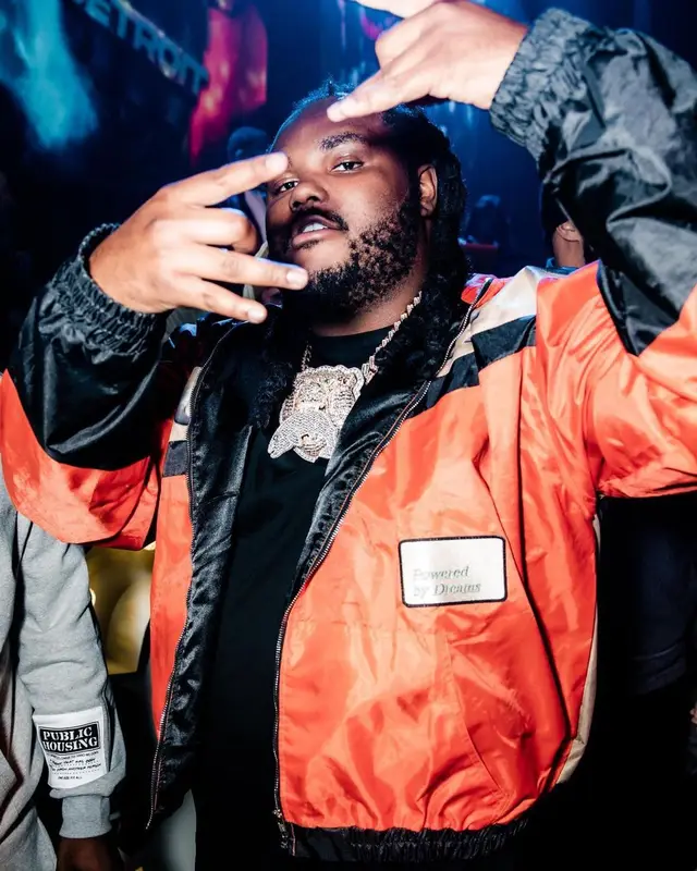 Tee Grizzley outfit in EugeneD2R, Hanes, and Rick Owens, 2023