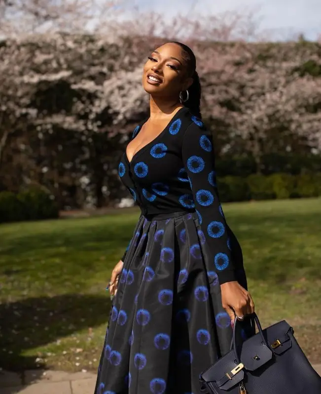 Megan Thee Stallion outfit in Alexander McQueen, Hermes, and Jennifer Fisher, 2023