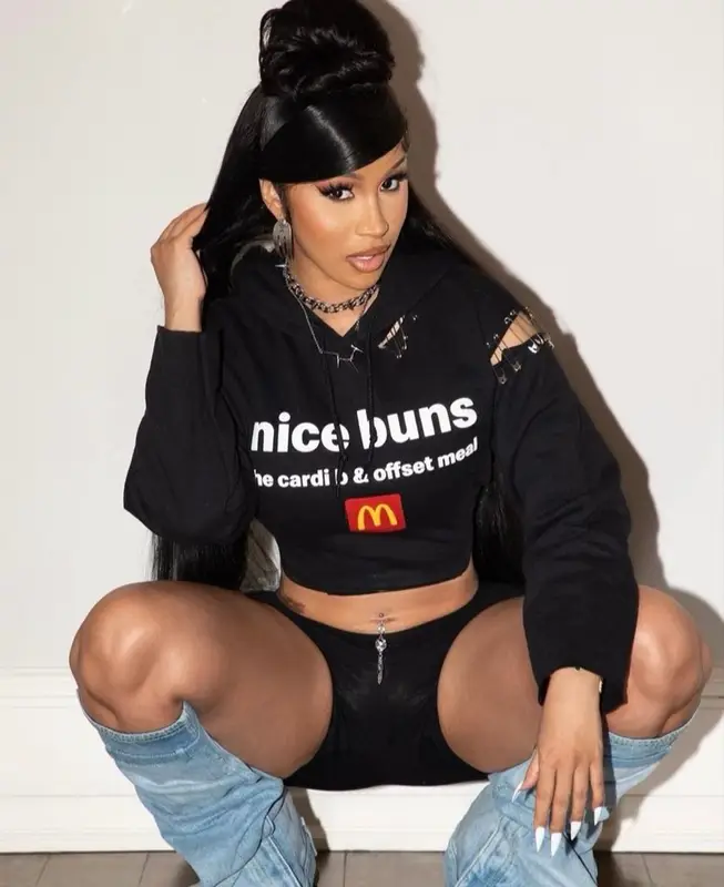 Cardi B outfit in McDonald's Merch, Marine Serre, and Offset Merch, 2023