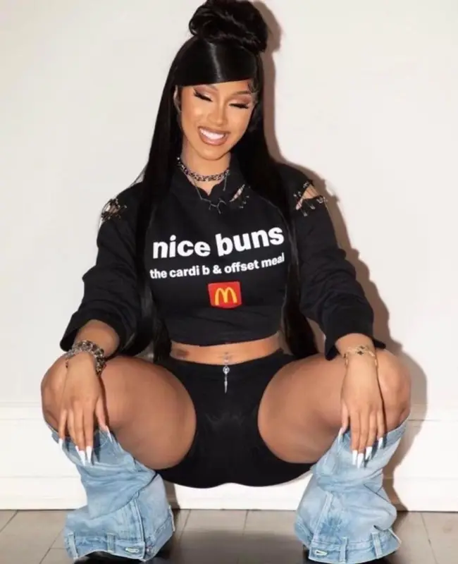 Cardi B outfit in McDonald's Merch, Marine Serre, and Offset Merch, 2023
