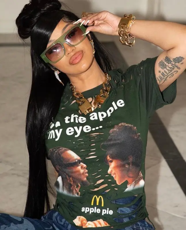 Cardi B outfit in McDonald's Merch, Linda Farrow, and Offset Merch, 2023