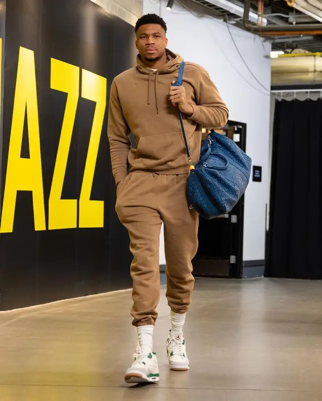 Giannis Antetokounmpo outfit in Nike, Jordan, and Louis Vuitton, 2023