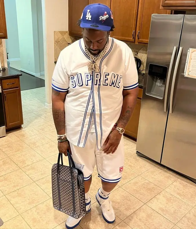 Peezy outfit in Supreme, Nike, and Mitchell & Ness, 2023