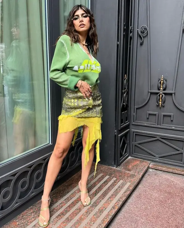 Mia Khalifa outfit in Diesel and Amina Muaddi, 2023