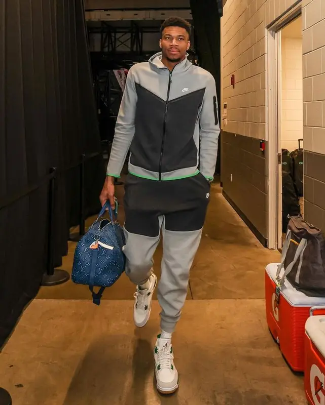 Giannis Antetokounmpo outfit in Nike, Jordan, and Louis Vuitton, 2023