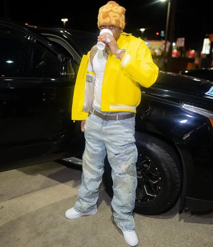 Fivio Foreign outfit in Avirex, Who Decides War, and Fendi, 2023