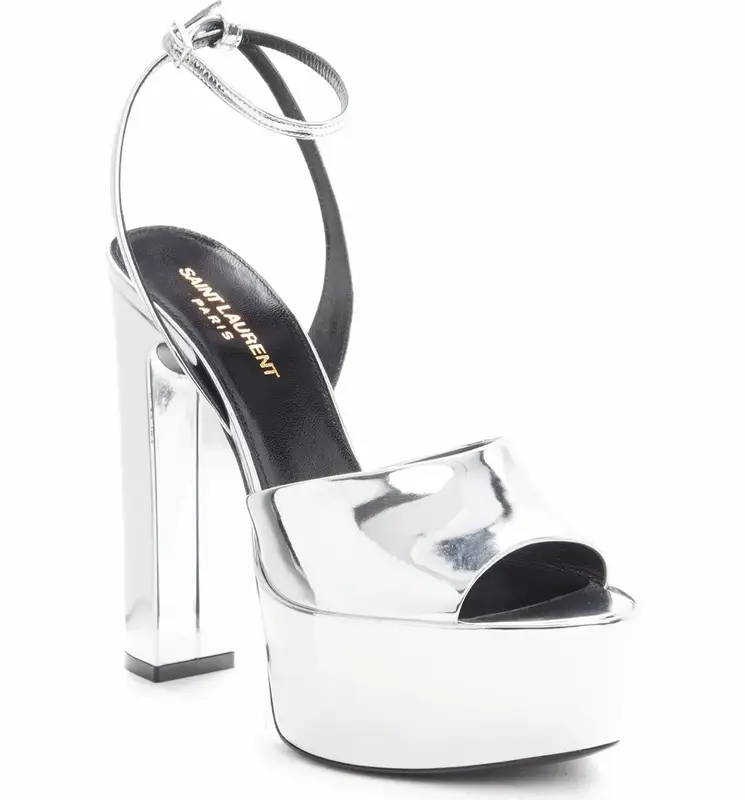Saint Laurent Jodie Metallic Platform Sandals In Silver $1150