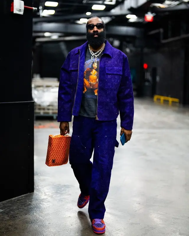 James Harden outfit in Louis Vuitton, Vintage, and Prada, 2023