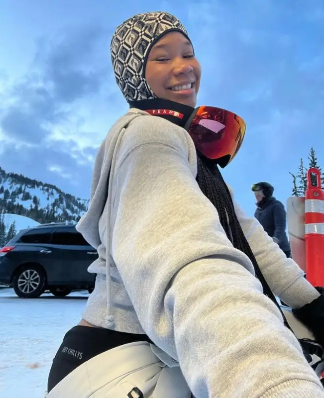 Storm Reid outfit in Prada, Marine Serre, and Oakley, 2023