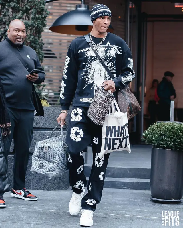 Jabari Smith Jr outfit in Denim Tears, Louis Vuitton, and Supreme, 2023