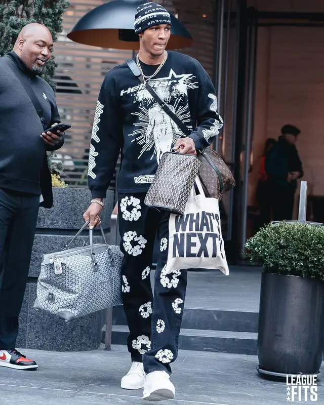 Jabari Smith Jr outfit in Denim Tears, Louis Vuitton, and Supreme, 2023