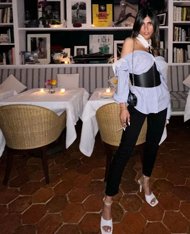 Mia Khalifa outfit in Acne Studios, Lanvin, and Amina Muaddi, 2023