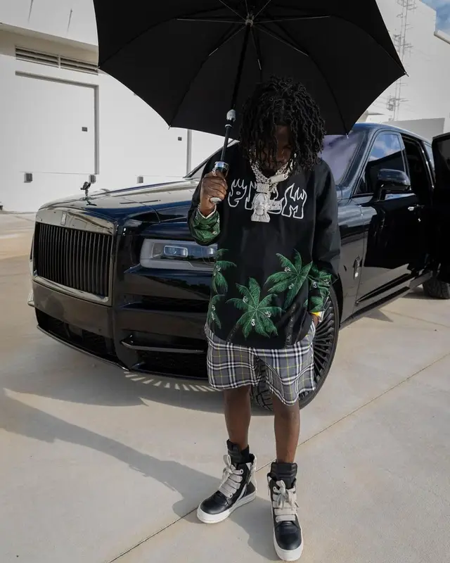 Jackboy outfit in Palm Angels, Rick Owens, and Burberry, 2023