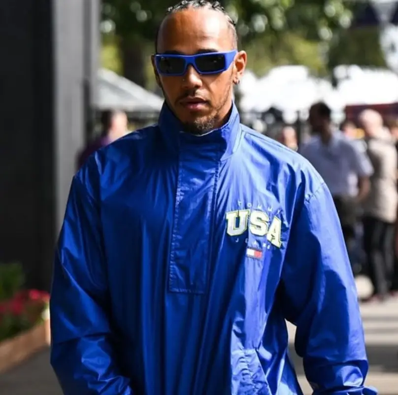 Lewis Hamilton outfit in Tommy Hilfiger, Louis Vuitton, and Vuarnet, 2023