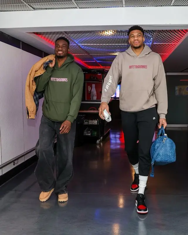 Giannis Antetokounmpo outfit in Antetokounbros, Nike, and Louis Vuitton, 2023