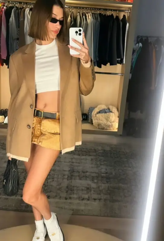 Hailey Bieber outfit in Miu Miu and The Attico, 2023