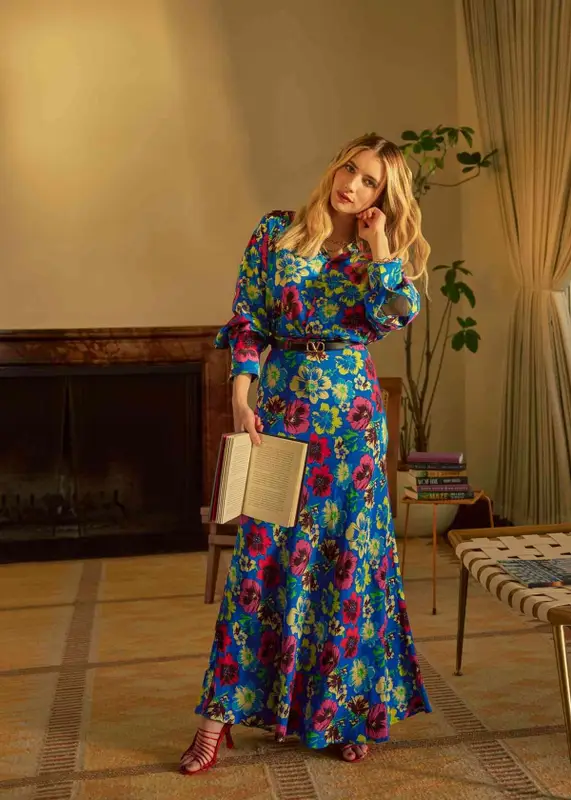 Emma Roberts outfit in Christopher John Rogers and Ferragamo, 2023