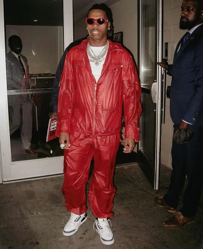 Lil Baby outfit in Jordan and Ferragamo, 2023