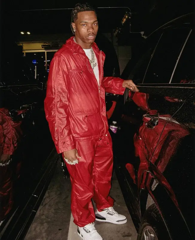 Lil Baby outfit in Jordan and Ferragamo, 2023