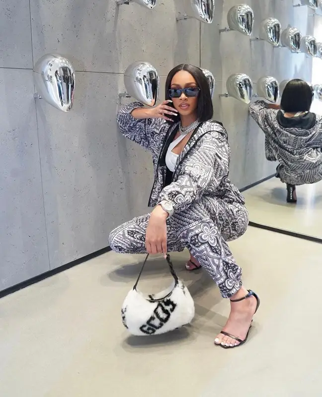 Lakeyah outfit in Moose Knuckles, GCDS, and Celine, 2023