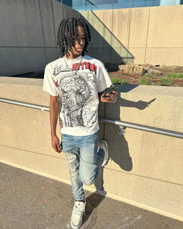 Lil Darius outfit in Hellstar, Amiri, and Jordan, 2023
