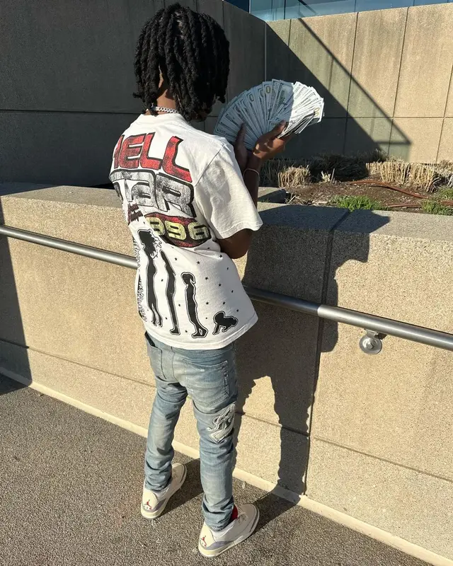 Lil Darius outfit in Hellstar, Amiri, and Jordan, 2023