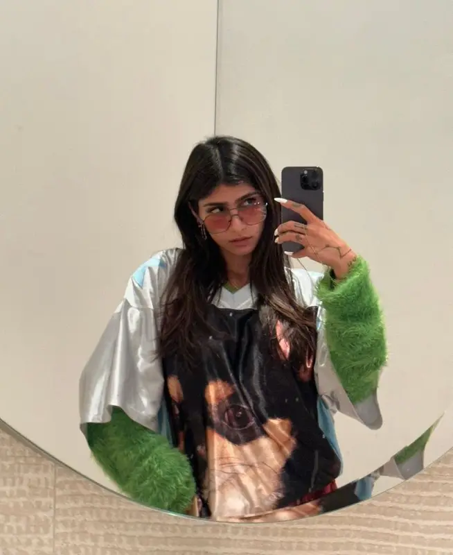 Mia Khalifa outfit in Acne Studios, Tommy Jeans, and Aries, 2023