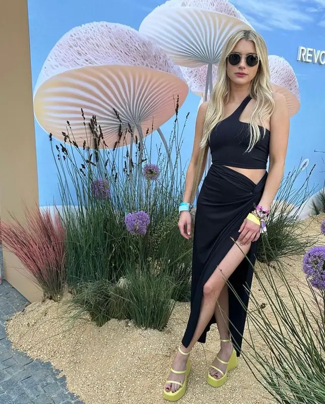 Emma Roberts outfit in Afrm, Oliver Peoples, and Revolve, 2023
