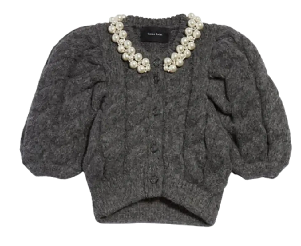 Simone Rocha Black Wool Blend Embellished Cropped Cardigan $388