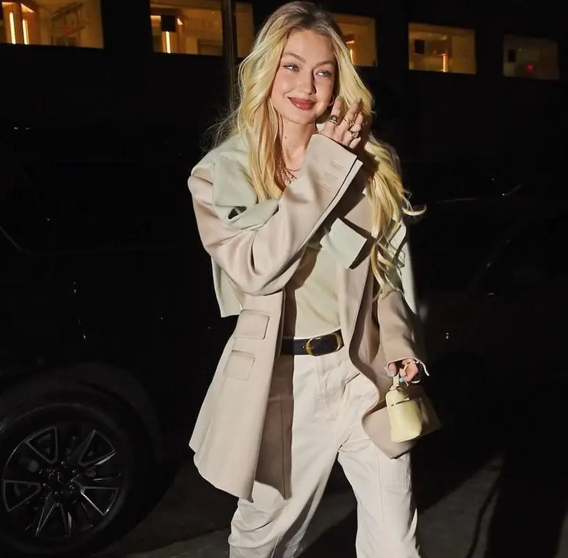 Gigi Hadid outfit in Guest In Residence, Nili Lotan, and Loro Piana, 2023