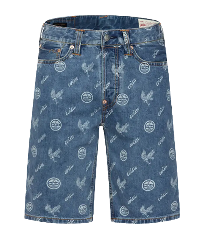 Evisu Allover Kamon Eagle Print Denim Shorts $325
