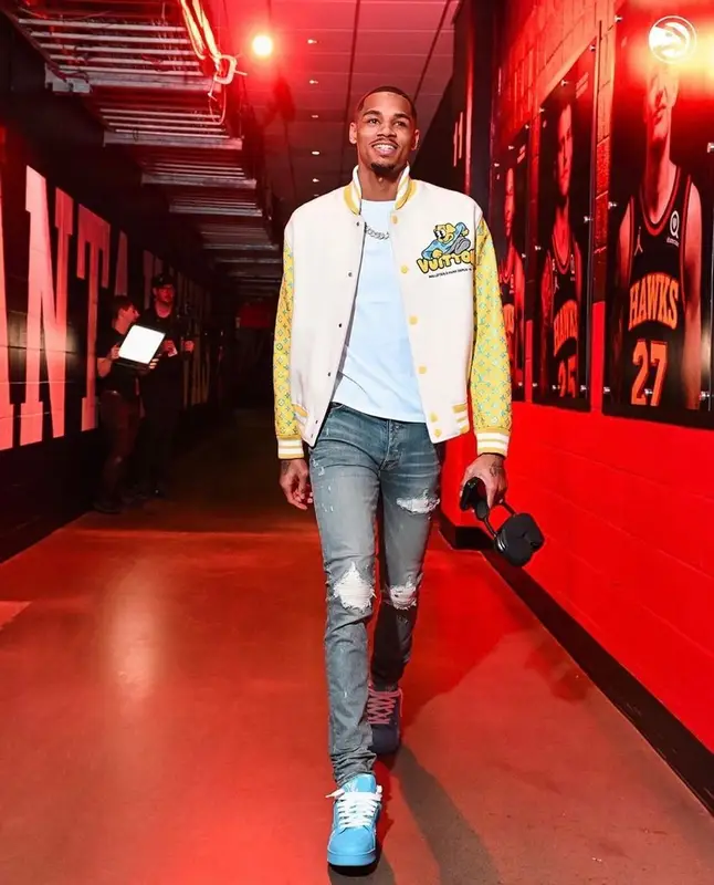 Dejounte Murray outfit in Louis Vuitton and Amiri, 2023