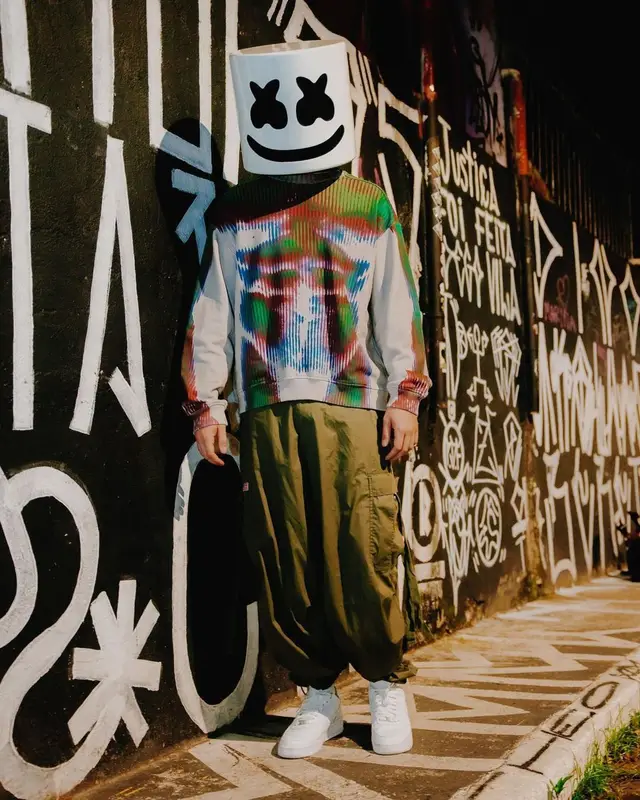 Marshmello outfit in Jean Paul Gaultier, Nike, and Marshmello Merch, 2023