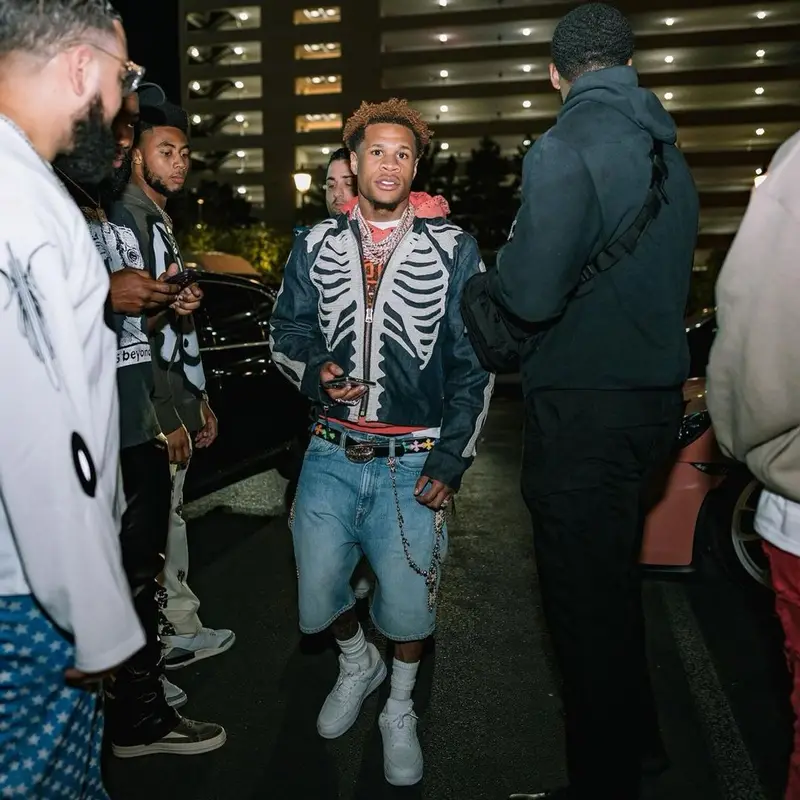 Devin Haney outfit in Kapital, Louis Vuitton, and Chrome Hearts, 2023