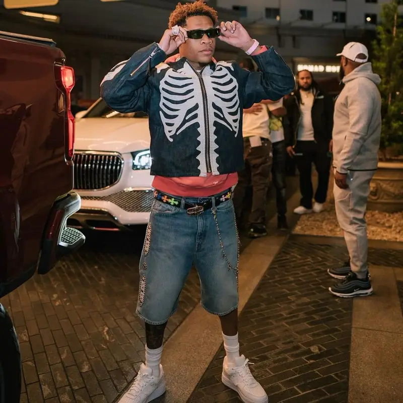 Devin Haney outfit in Kapital, Louis Vuitton, and Chrome Hearts, 2023