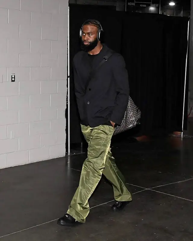 Jaylen Brown outfit in Prada, Goyard, and Apple, 2023