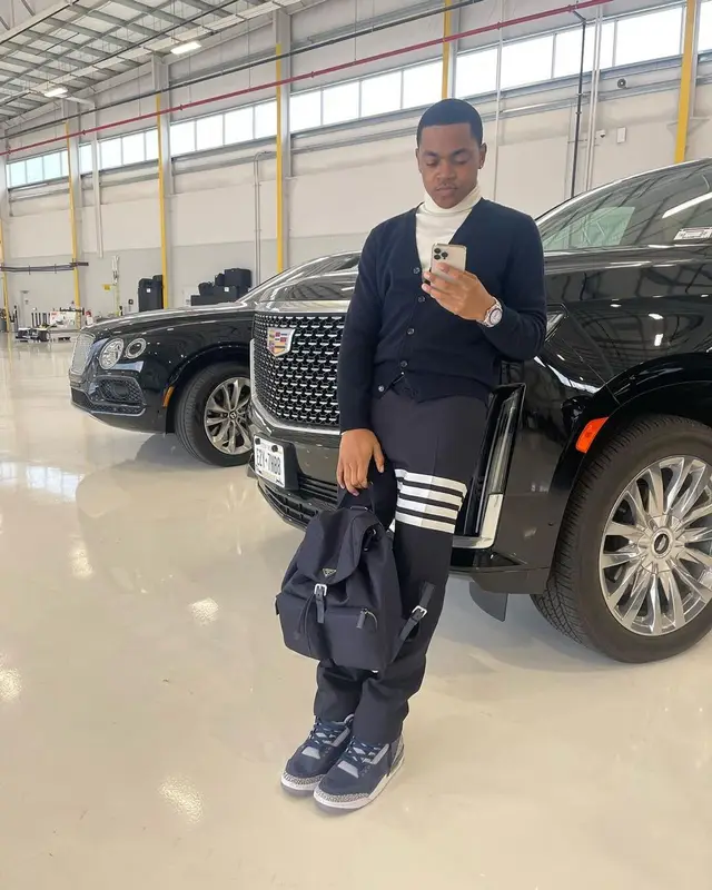 Michael Rainey Jr. outfit in Thom Browne, Jordan, and Prada, 2023