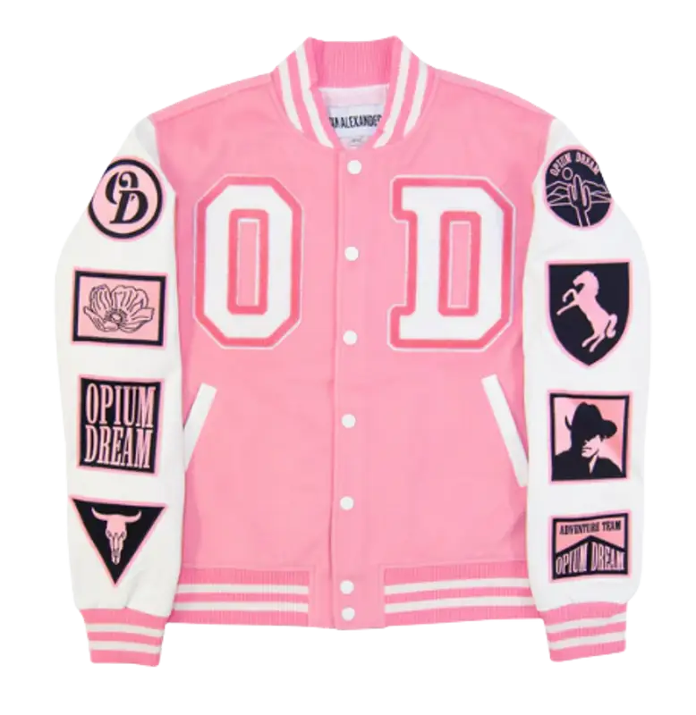 Ian Alexander OD Pink Barsity Letterman Jacket $300