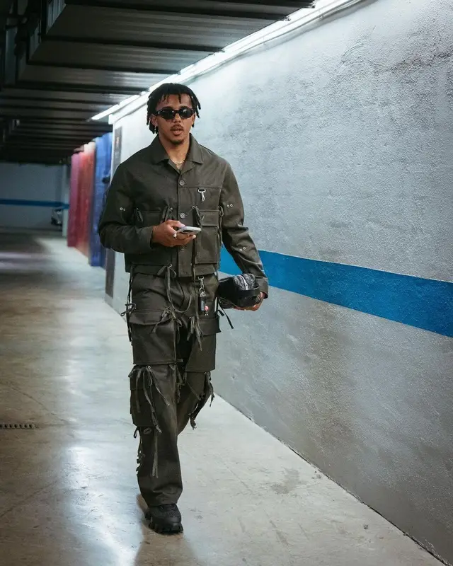 Jules Kounde outfit in Reese Cooper, Prada, and Bottega Veneta, 2023