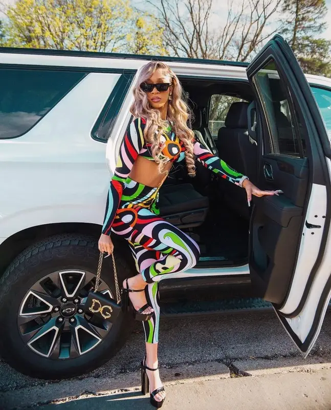 Lakeyah outfit in Emilio Pucci, Off-White, and Dolce & Gabbana, 2023