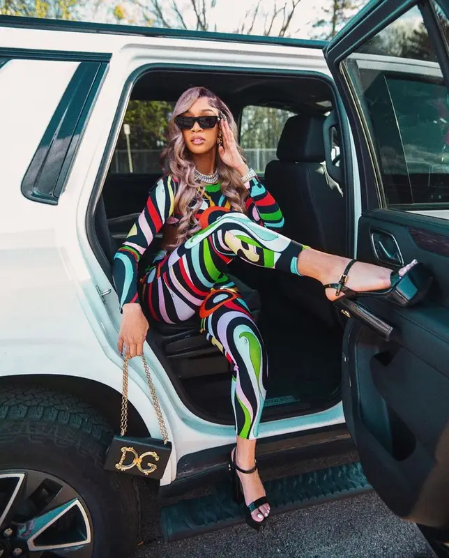 Lakeyah outfit in Emilio Pucci, Off-White, and Dolce & Gabbana, 2023