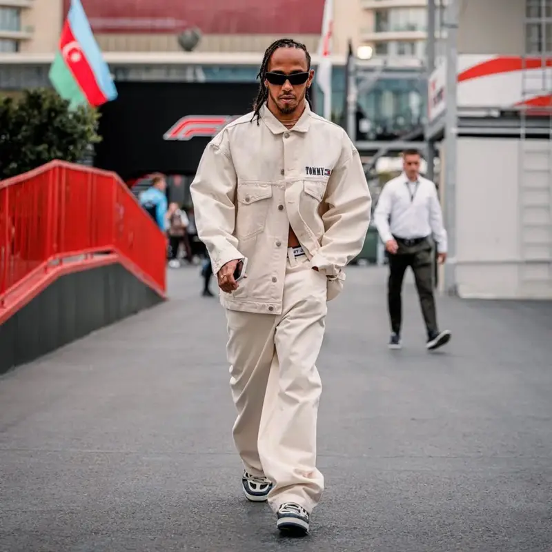Lewis Hamilton outfit in Tommy Hilfiger, Louis Vuitton, and Gucci, 2023