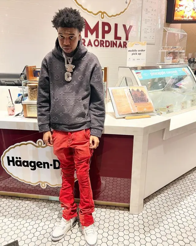 Lil Poppa outfit in Louis Vuitton, Valabasas, and Jordan, 2023