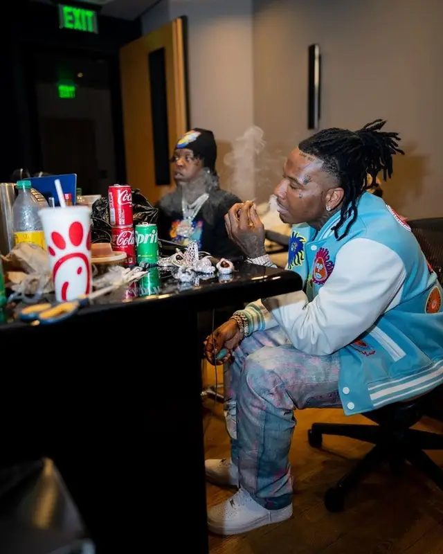 Moneybagg Yo outfit in Louis Vuitton, Nike, and Yayoi Kusama, 2023