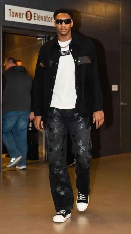 Rj Barrett outfit in Amiri, Dolce & Gabbana, and Louis Vuitton, 2023