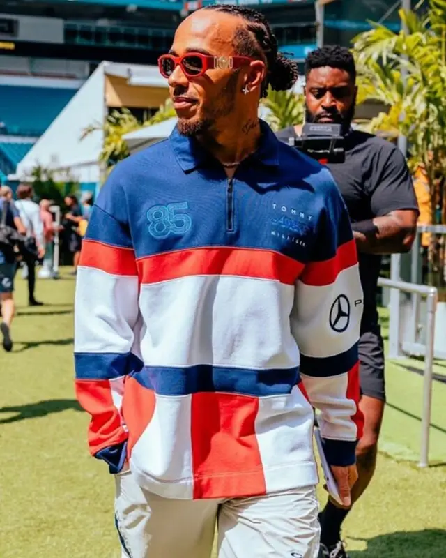Lewis Hamilton outfit in Tommy Hilfiger, Versace, and Mercedes Benz, 2023