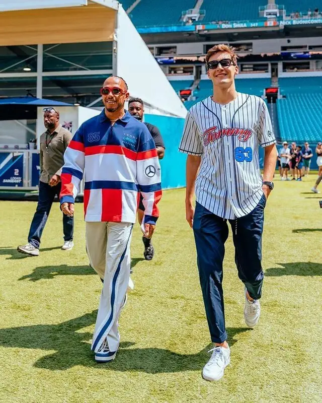 Lewis Hamilton outfit in Tommy Hilfiger, Versace, and Mercedes Benz, 2023