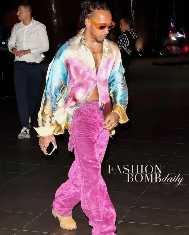 Lewis Hamilton outfit in Acne Studios, Timberland, and Nanushka, 2023